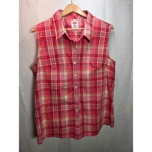 Dickies Womens 2X Sleeveless Pink Yellow Plaid Button Up Shirt Country